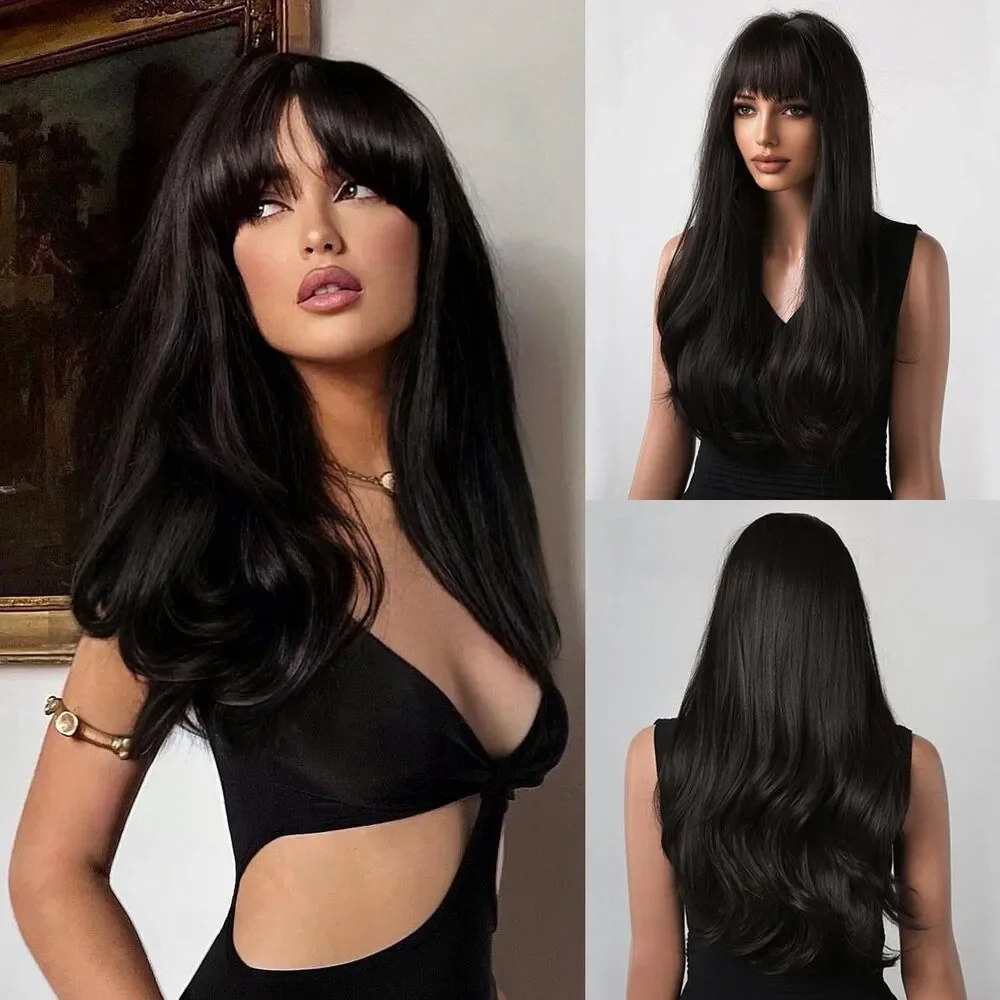 Honygebia Black Wig with Bangs Long Wavy Synthetic Heat Resistant Cosplay Party